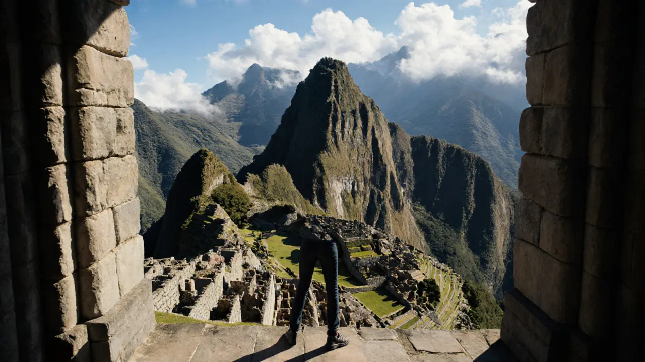 A Londoner viewing Machu Picchu from the Sun Gate, their shadow blending with the stonework of Durham Cathedral.