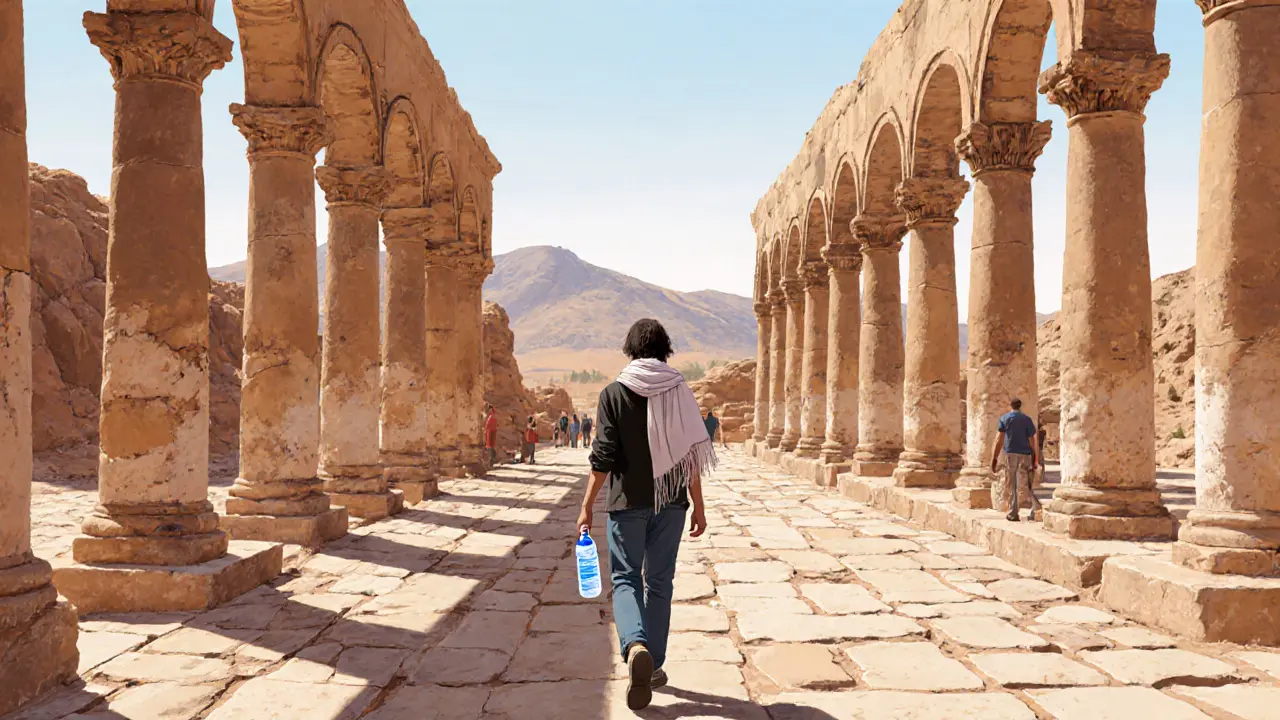 A traveler walking through ancient Roman colonnades in Jerash, Jordan, with a scarf and water bottle, under a soft blue sky.