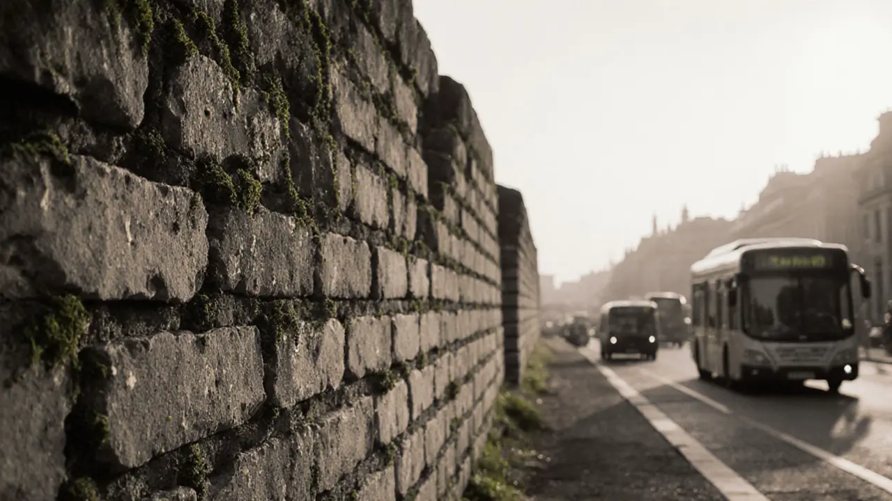 Ancient Roman wall fragment covered in moss, morning light highlighting weathered bricks against a blurred city backdrop.