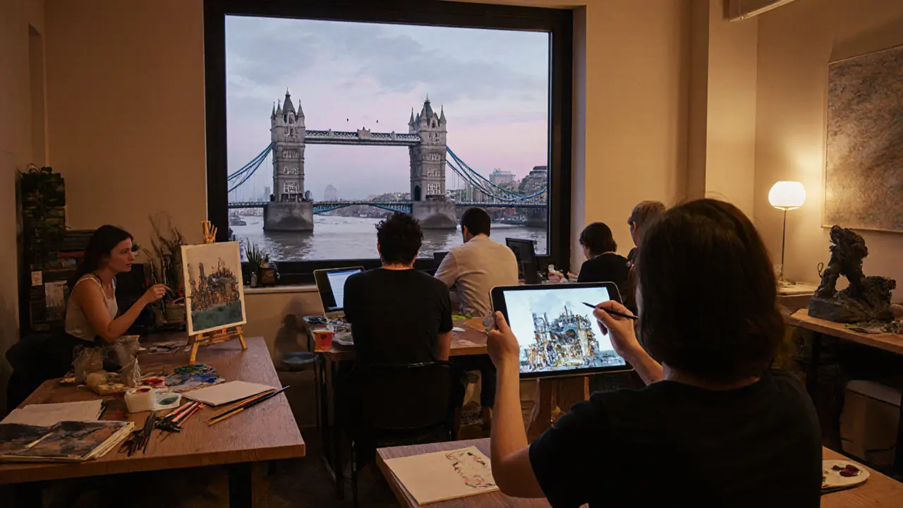 Artists in a studio overlooking Tower Bridge, working on paintings and AR designs.