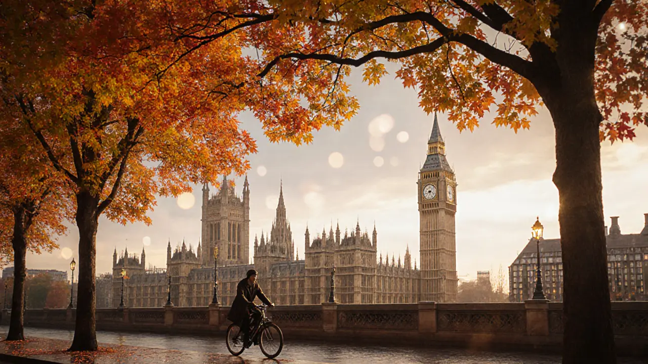 Autumn leaves framing the Houses of Parliament from Chelsea Embankment with a cyclist in the foreground.