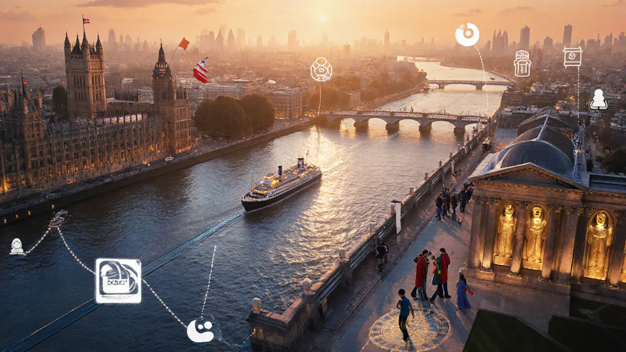 Bird’s‑eye view of London showing Tower of London, British Museum Egyptian gallery, Thames Barrier cruise and Greenwich Meridian.
