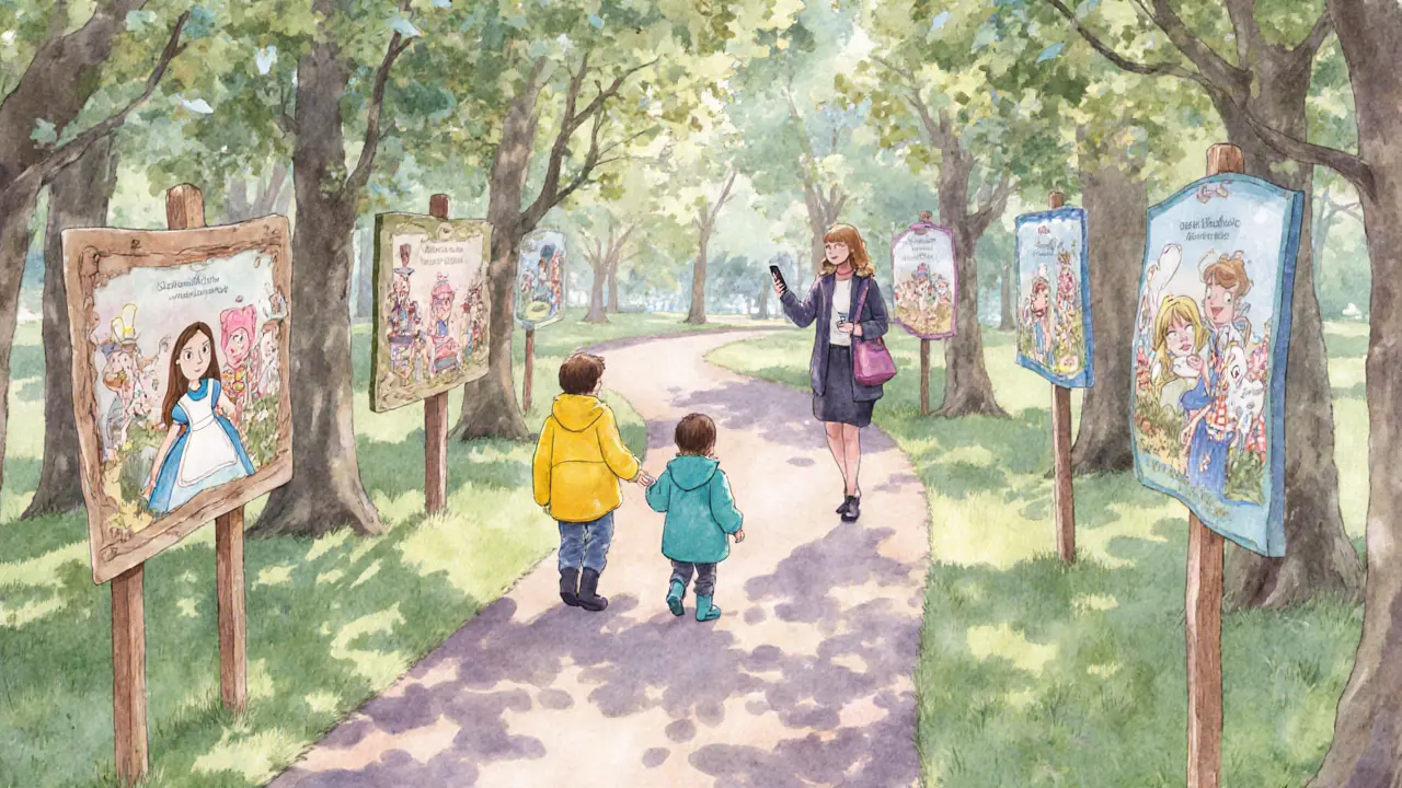Children following illustrated story panels along a Hyde Park trail with trees overhead.