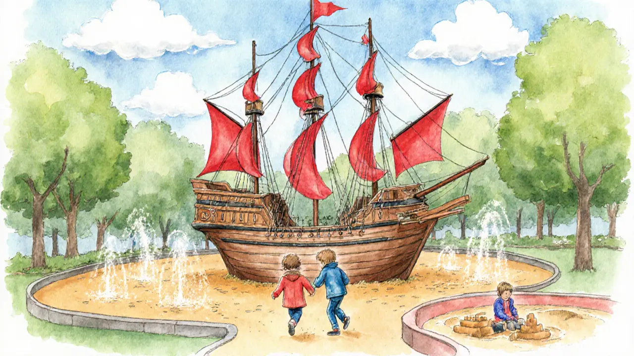 Children play on a pirate‑ship playground with sand and splash fountains in Hyde Park.