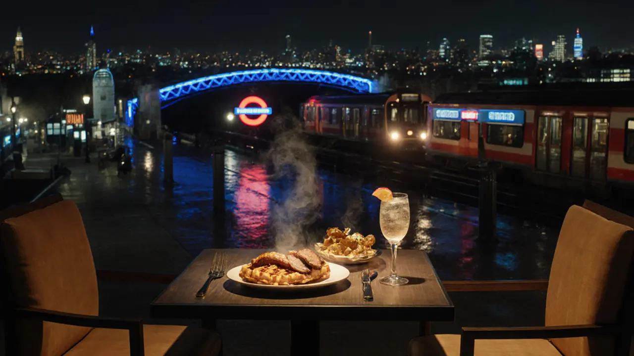 Cinematic rooftop dinner with duck and waffle, city skyline, and Night Tube train nearby.