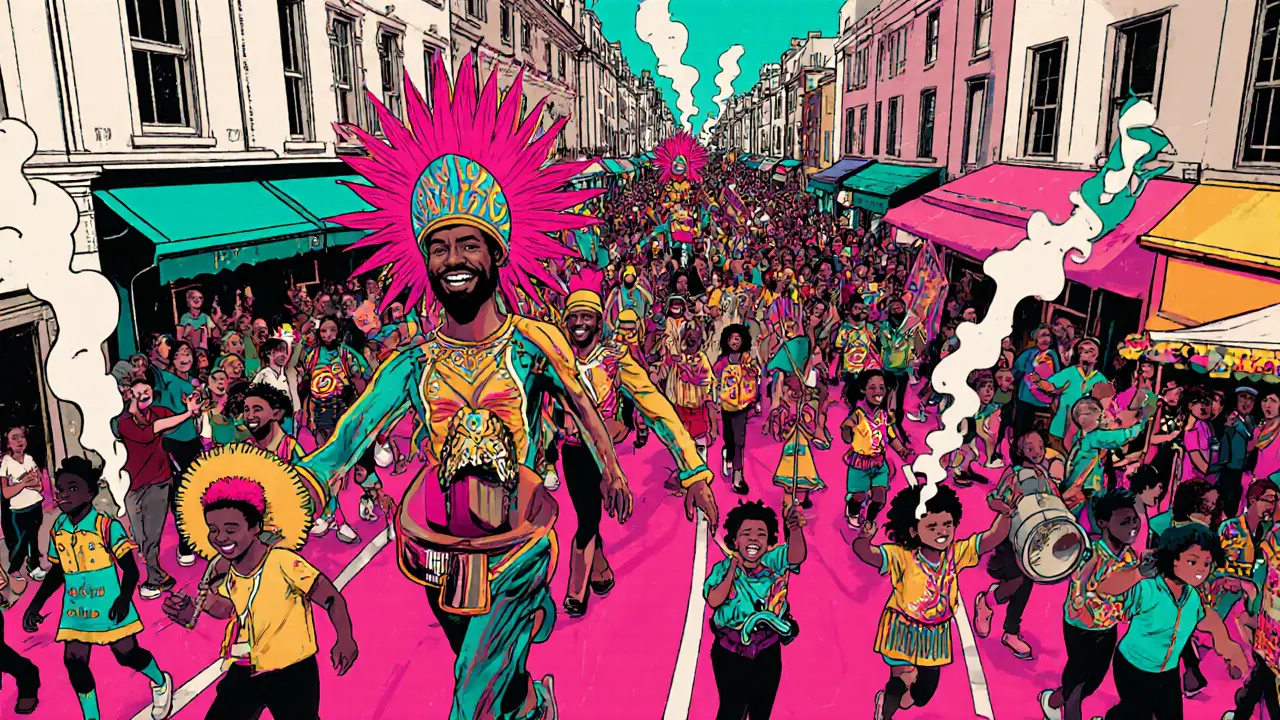 Colorful Notting Hill Carnival parade with vibrant costumes and steel‑pan band.