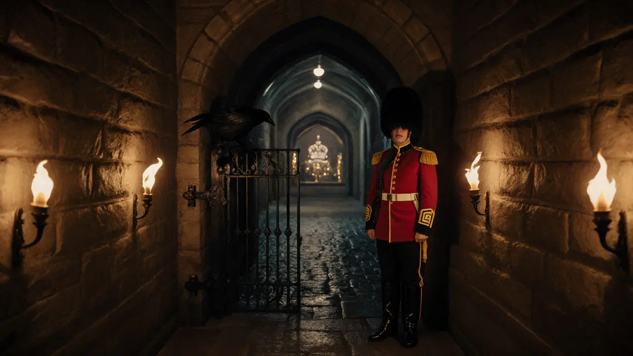 Dimly lit Traitors&#039; Gate with a raven and a Yeoman Warder in uniform.