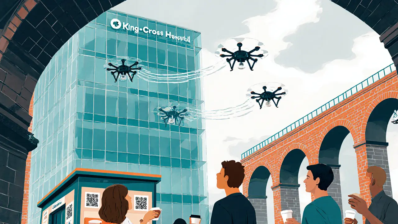 Drones flying between a hospital and pharmacy kiosk with QR stickers, pedestrians watching.