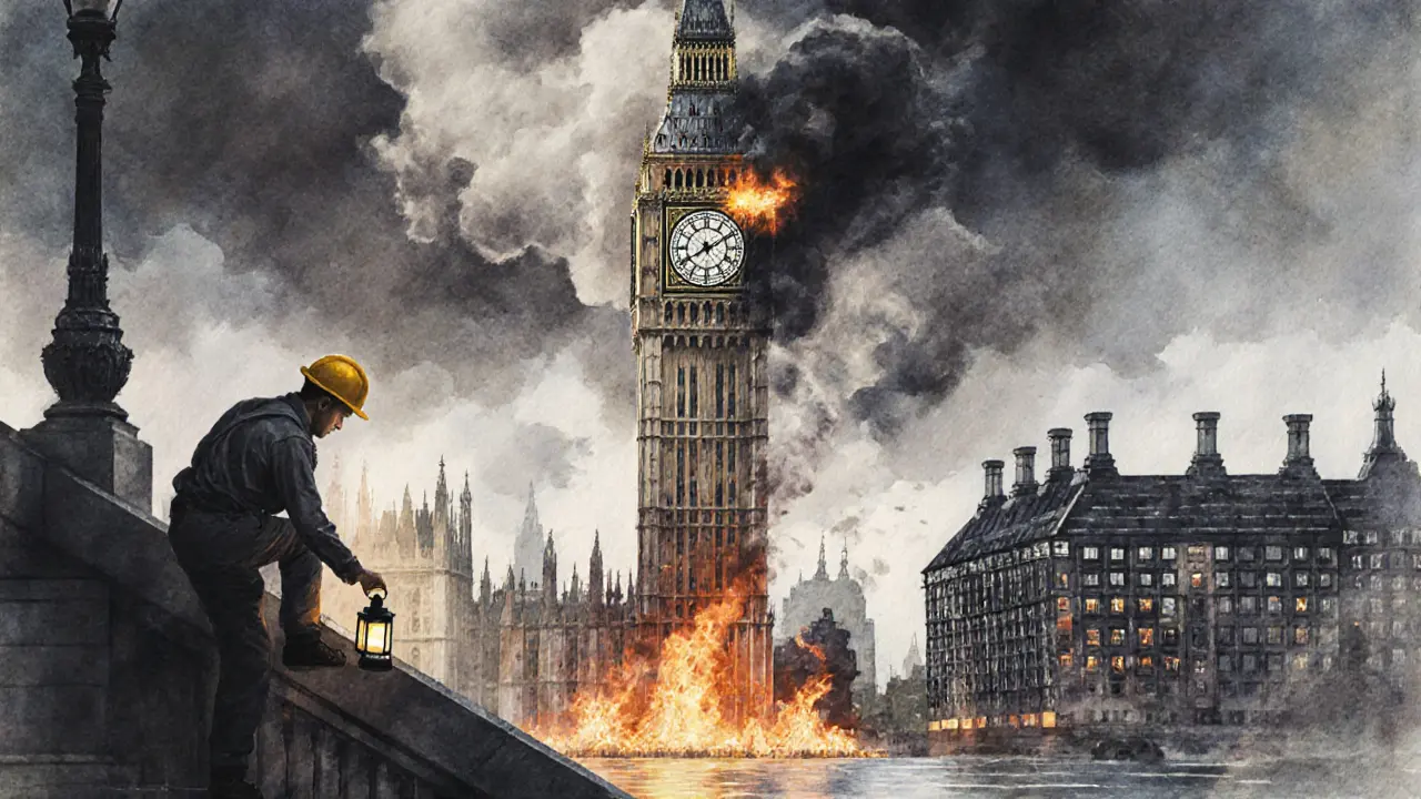 Elizabeth Tower during the 1941 Blitz, smoke rising as the clock face still shines.