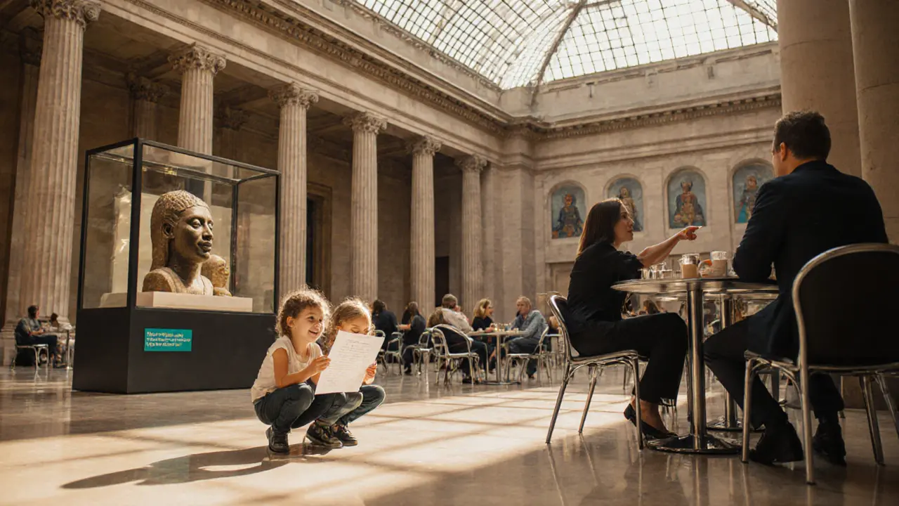 Family exploring the museum, kids with activity sheet, café seating, and side gallery artifacts.