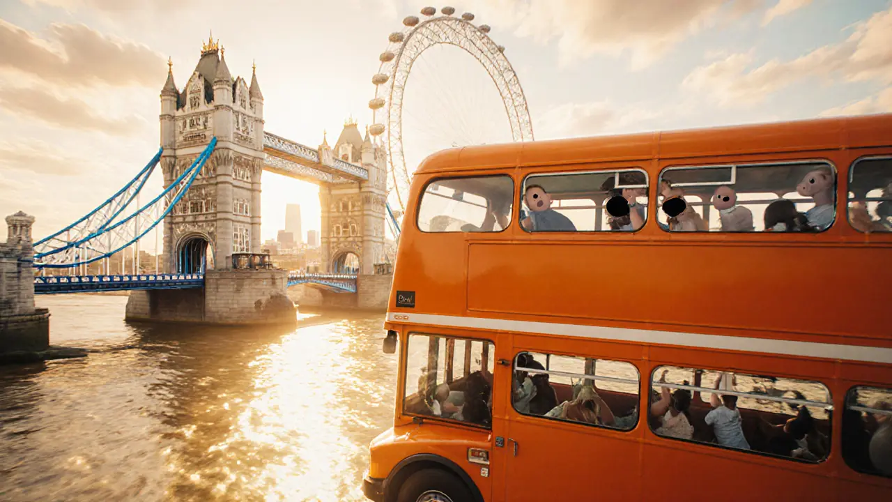 Family rides an orange double‑decker bus past Tower Bridge and the London Eye.