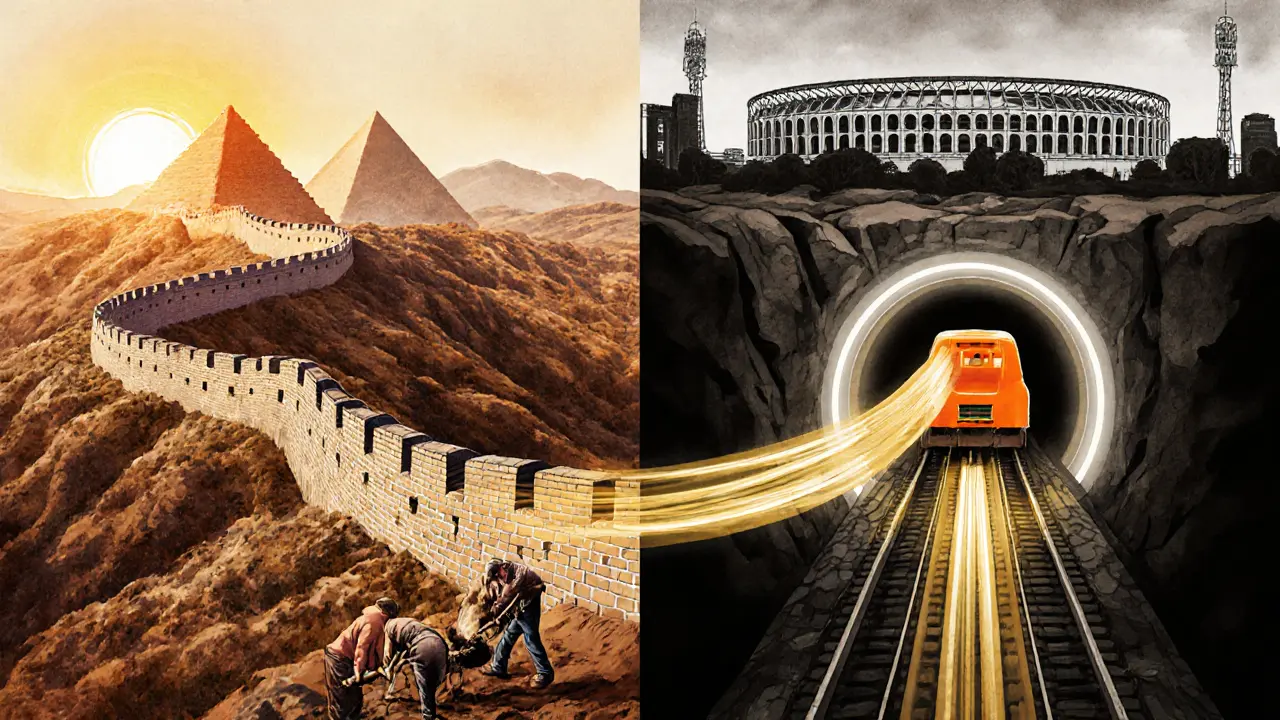 Great Wall scene merging into a Crossrail tunnel, linked by a golden ribbon, with hints of pyramids and Coliseum.