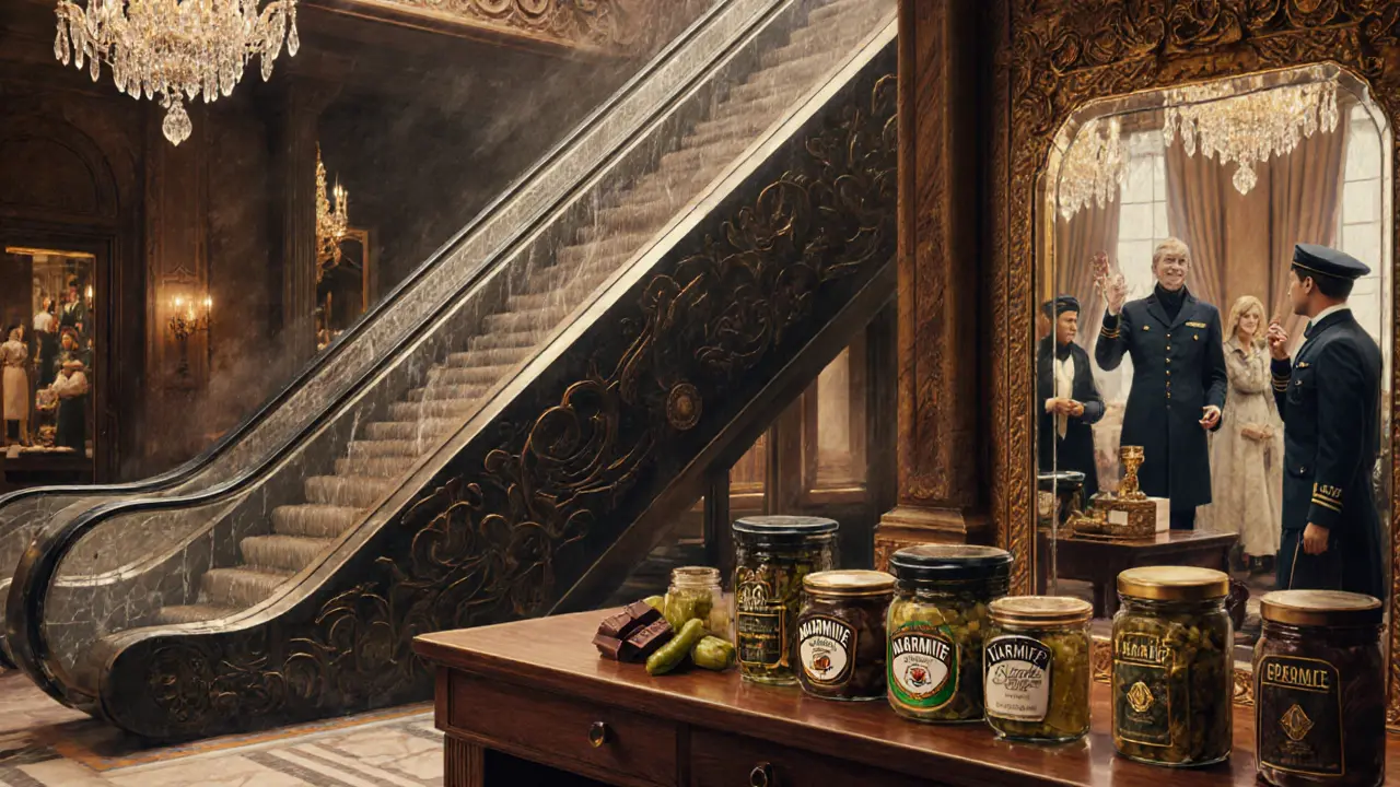 Harrods interior with vintage escalator and digital mirror reflecting a cashmere coat, jars of Marmite chocolate on display.