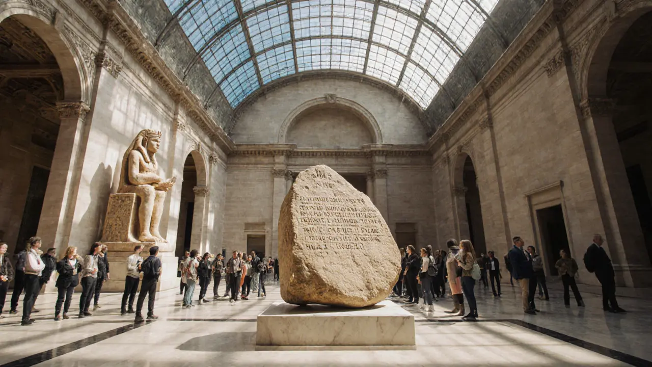 Inside the Great Court showing the Rosetta Stone, Elgin Marbles glimpse, and a winged lamassu.