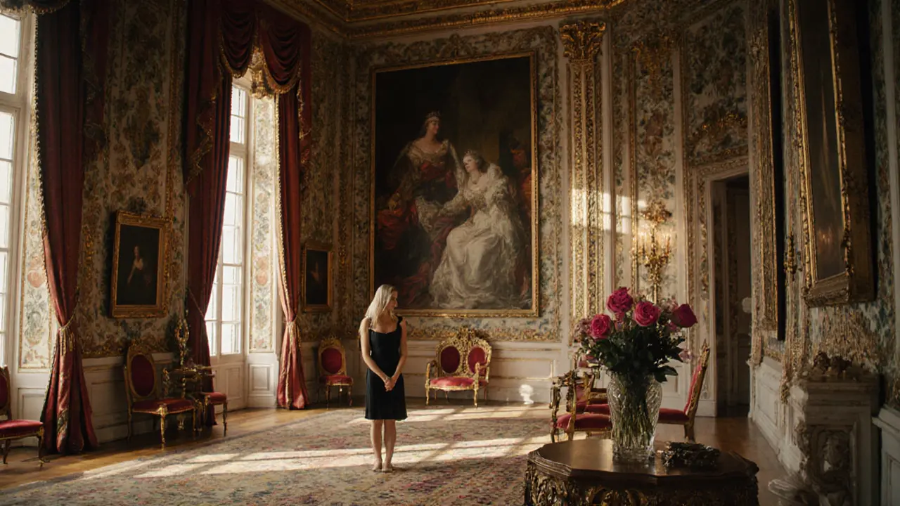 Interior of Buckingham Palace's State Rooms with gilded furniture and portraits under warm summer sunlight.