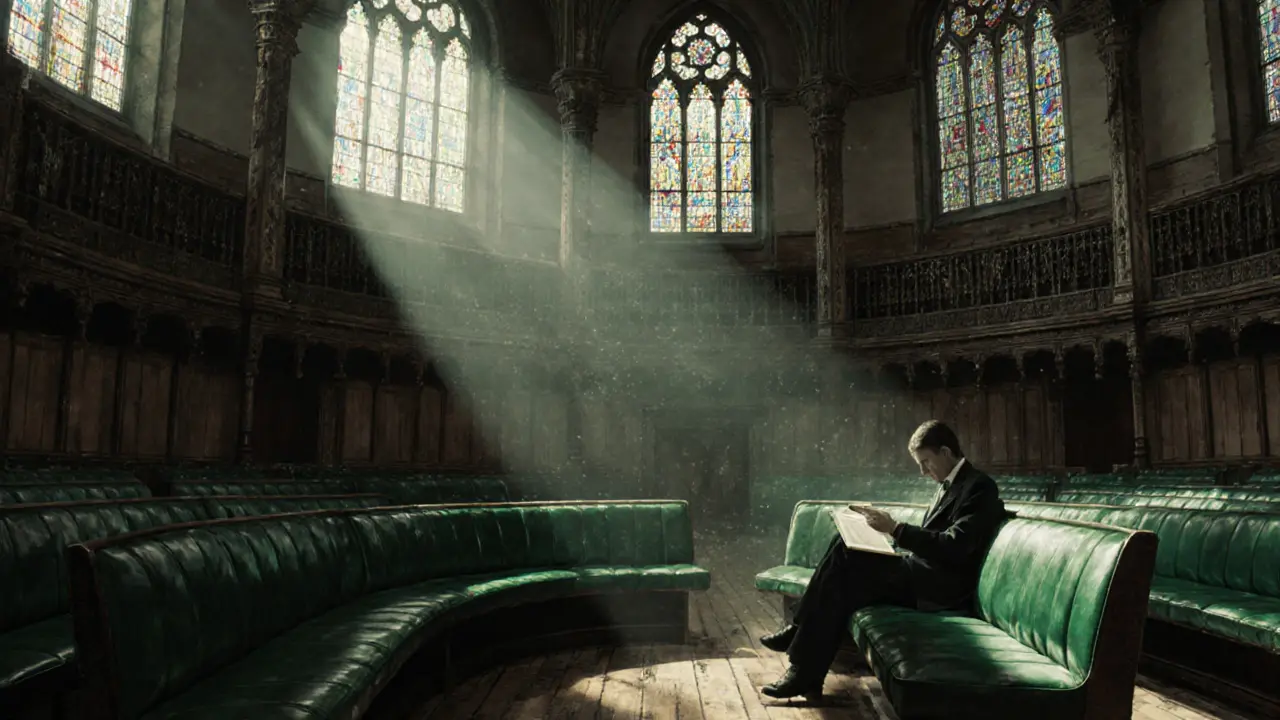 Interior of the House of Commons chamber with green benches and stained-glass windows.