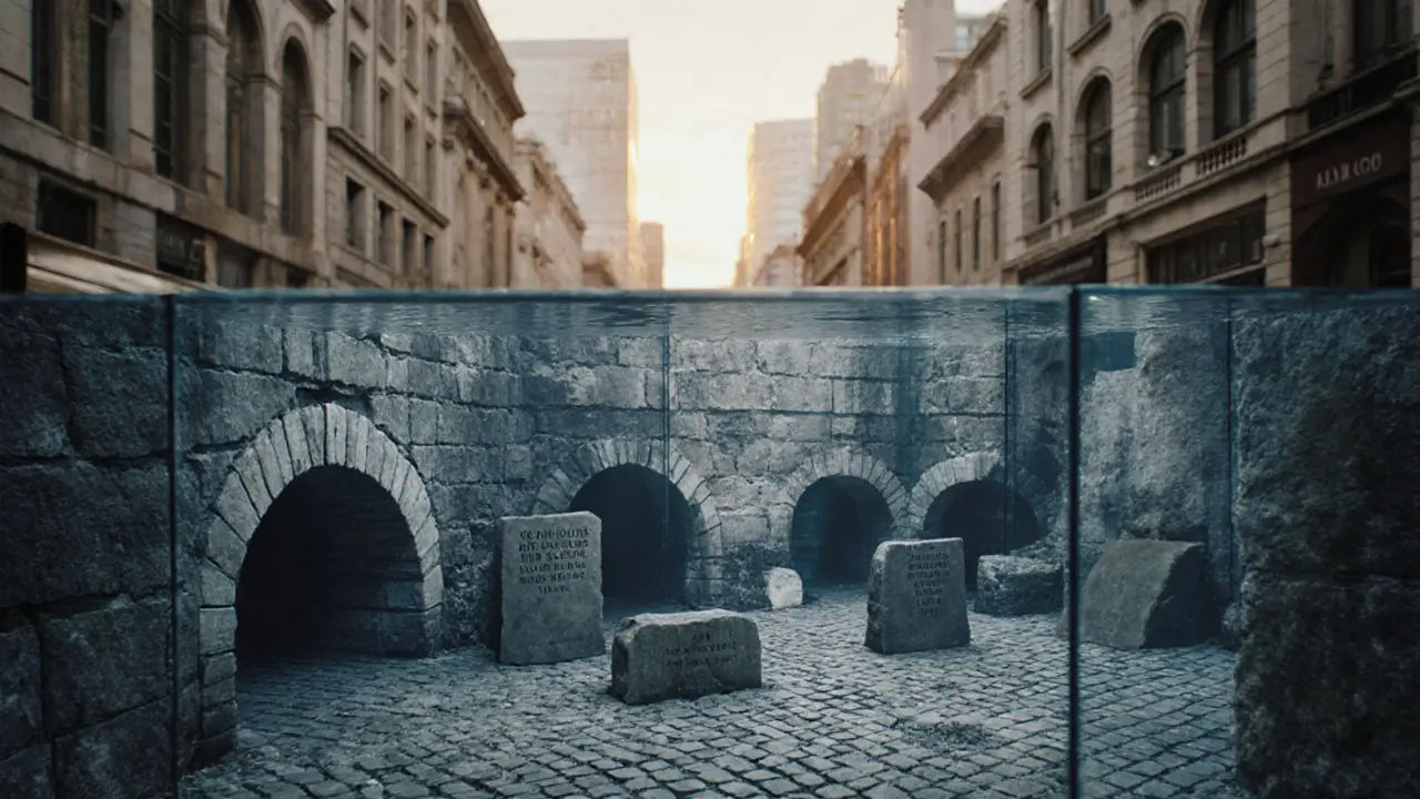 Layered view of Roman ruins beneath modern London streets with glass panels revealing artifacts.