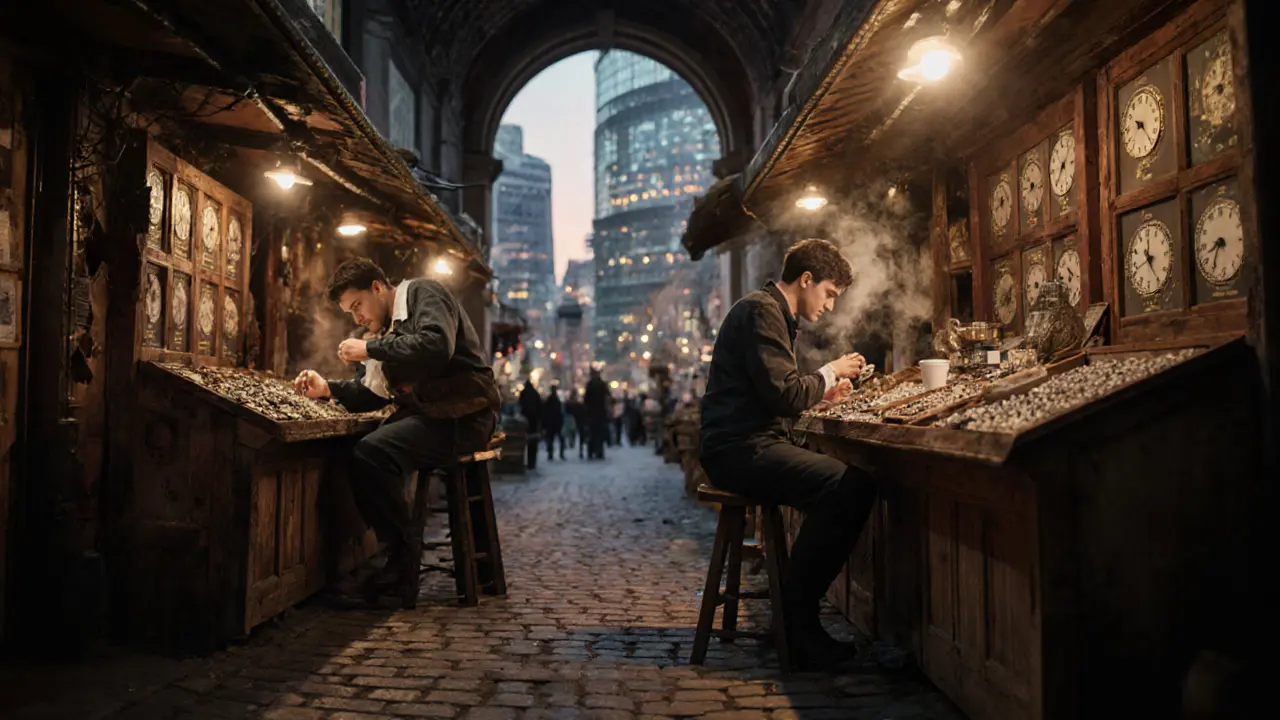 Leadenhall Market at dusk: clockmaker beside 3D-printed jewelry, warm lamplight on cobbles, glass towers glowing in background.