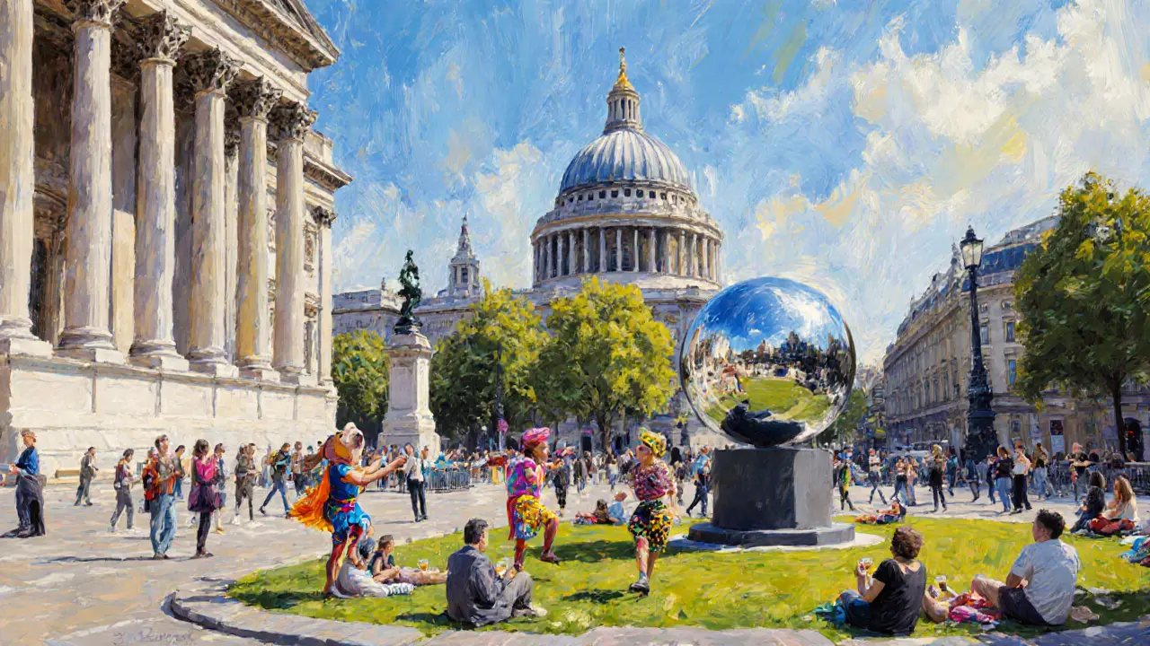 Midday scene of the National Gallery, St Martin-in-the-Fields, and a contemporary sculpture on the Fourth Plinth.