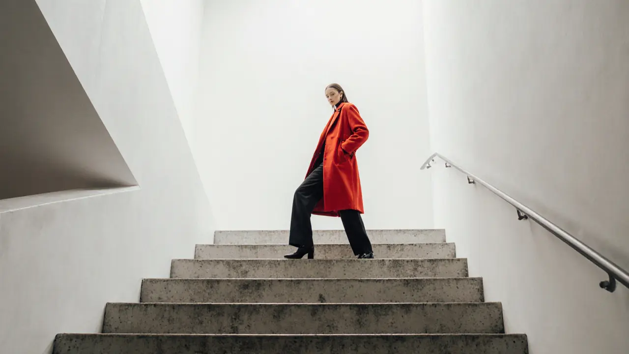 Model in a red coat posing on a white stairwell inside White Cube with soft daylight.