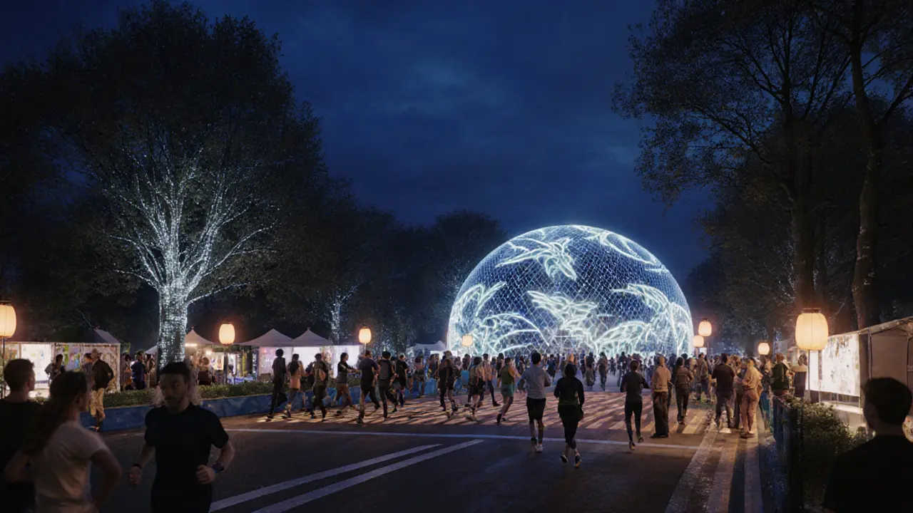 Night scene of Winter Lights, solar‑powered pavilion, and post‑marathon art fair in Hyde Park.