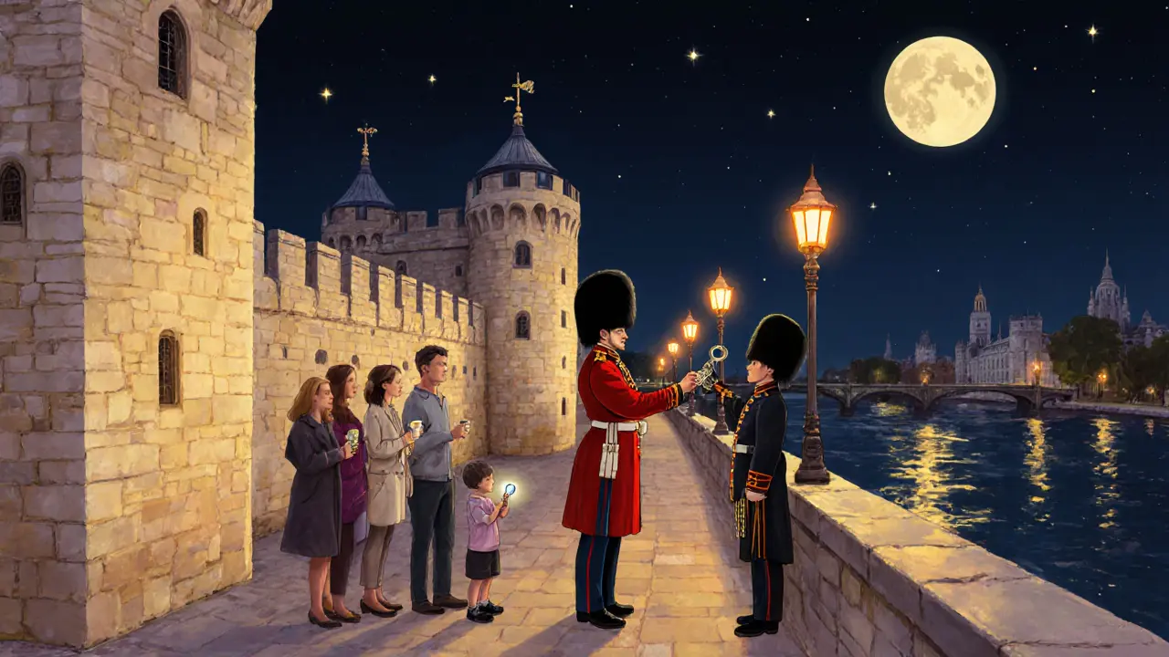 Nighttime Ceremony of the Keys with visitors watching near the Tower walls.