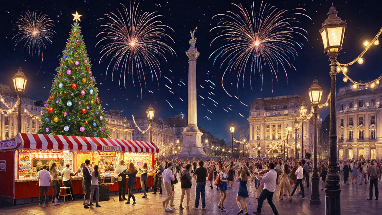 Nighttime festival in the square with a lit tree, food stalls, a band on stage, and fireworks above.