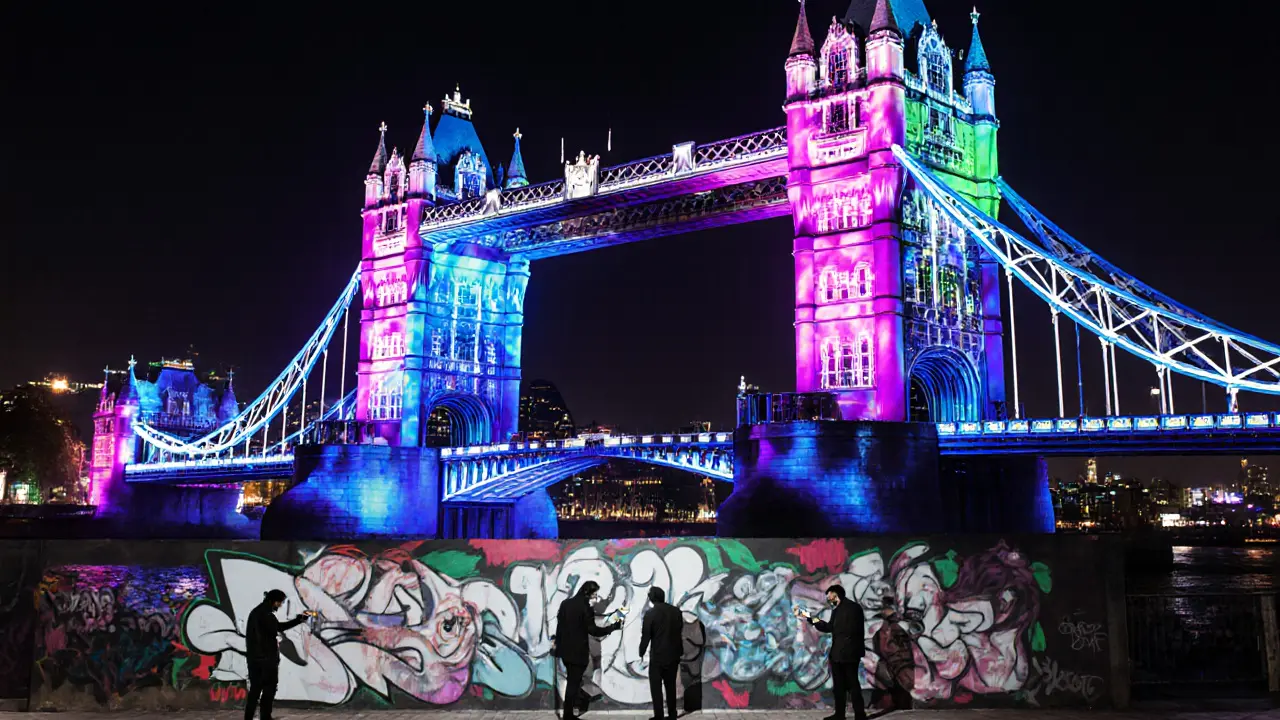 Nighttime Light Festival projection on Tower Bridge with street artists painting nearby.