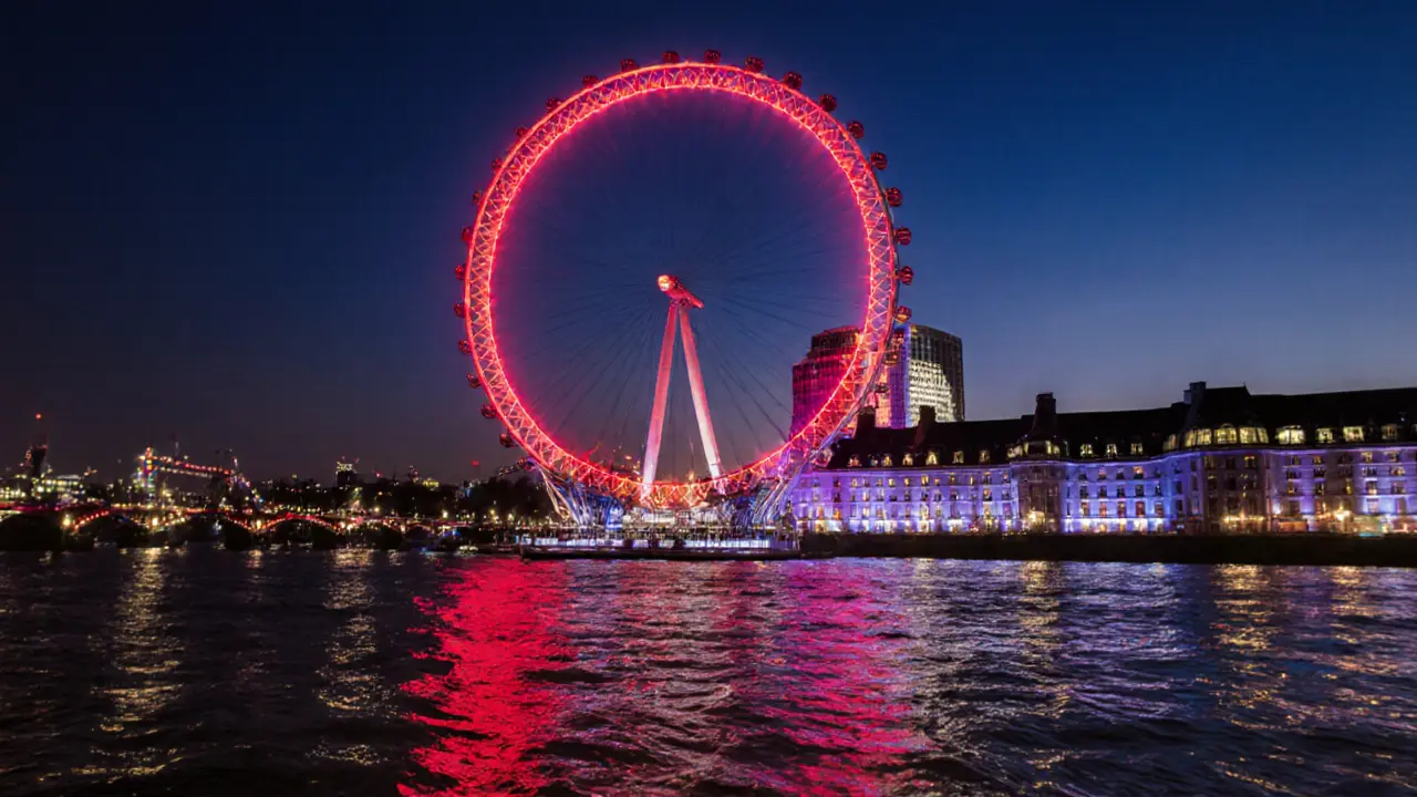Nighttime shot of the illuminated London Eye from a boat, with reflections in water.
