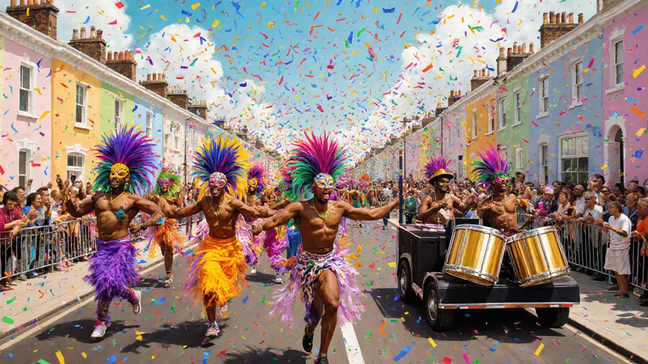 Notting Hill Carnival parade with colorful costumes, steel drums, and confetti.