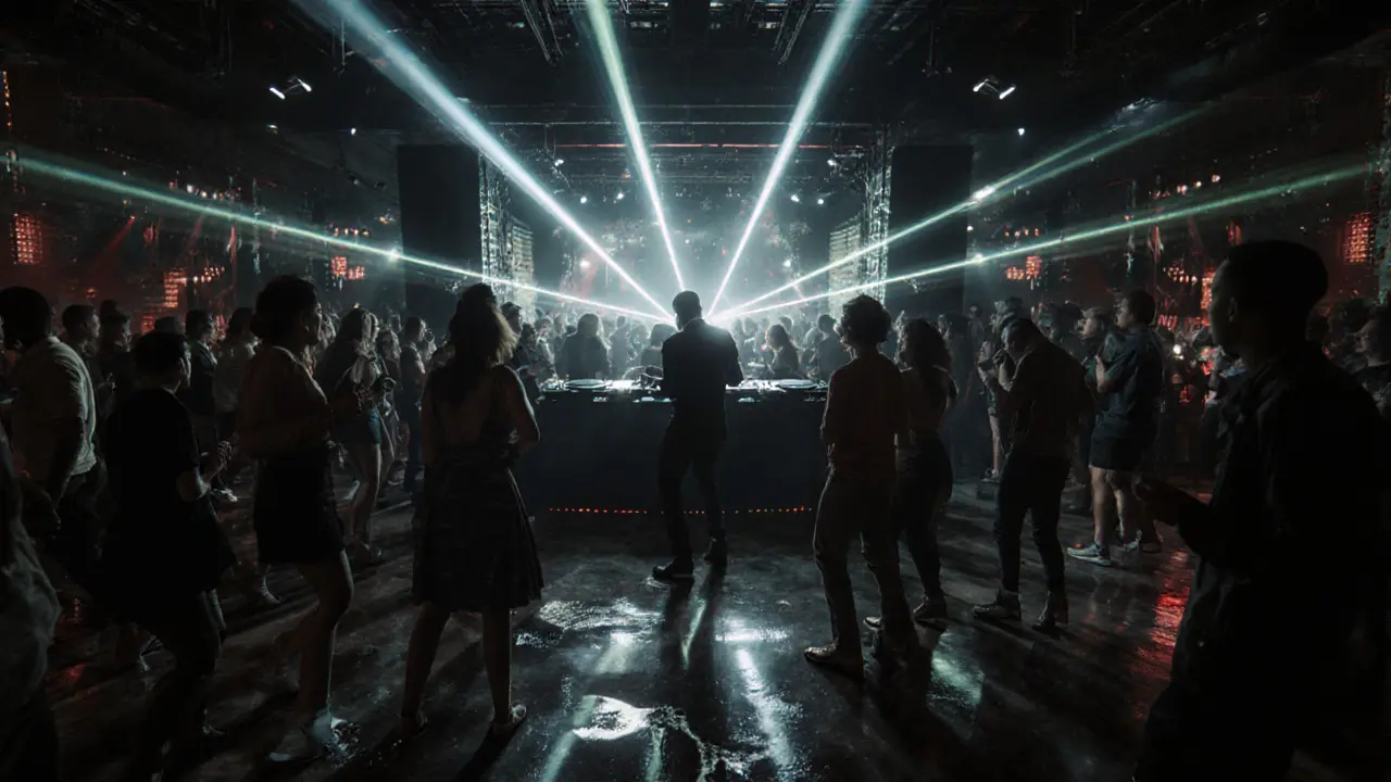 Photorealistic view of a packed London club with laser lights and a DJ on stage.