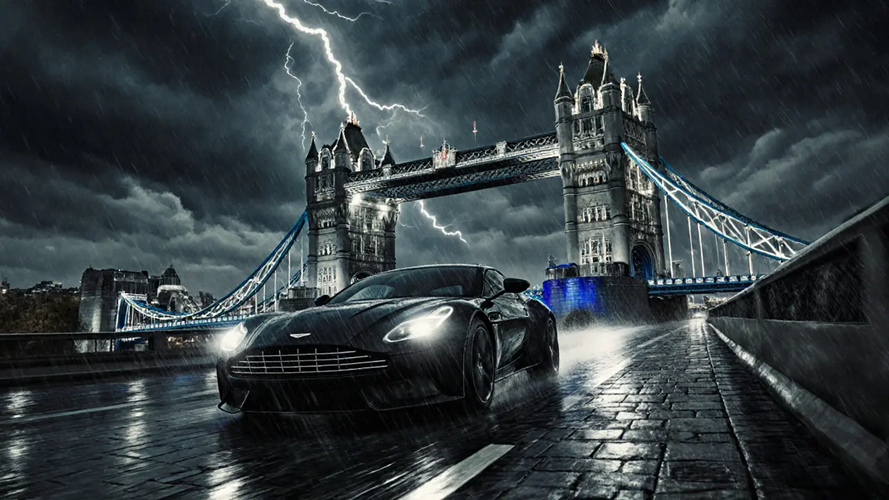 Rainy night chase scene on Tower Bridge with car headlights and illuminated towers.