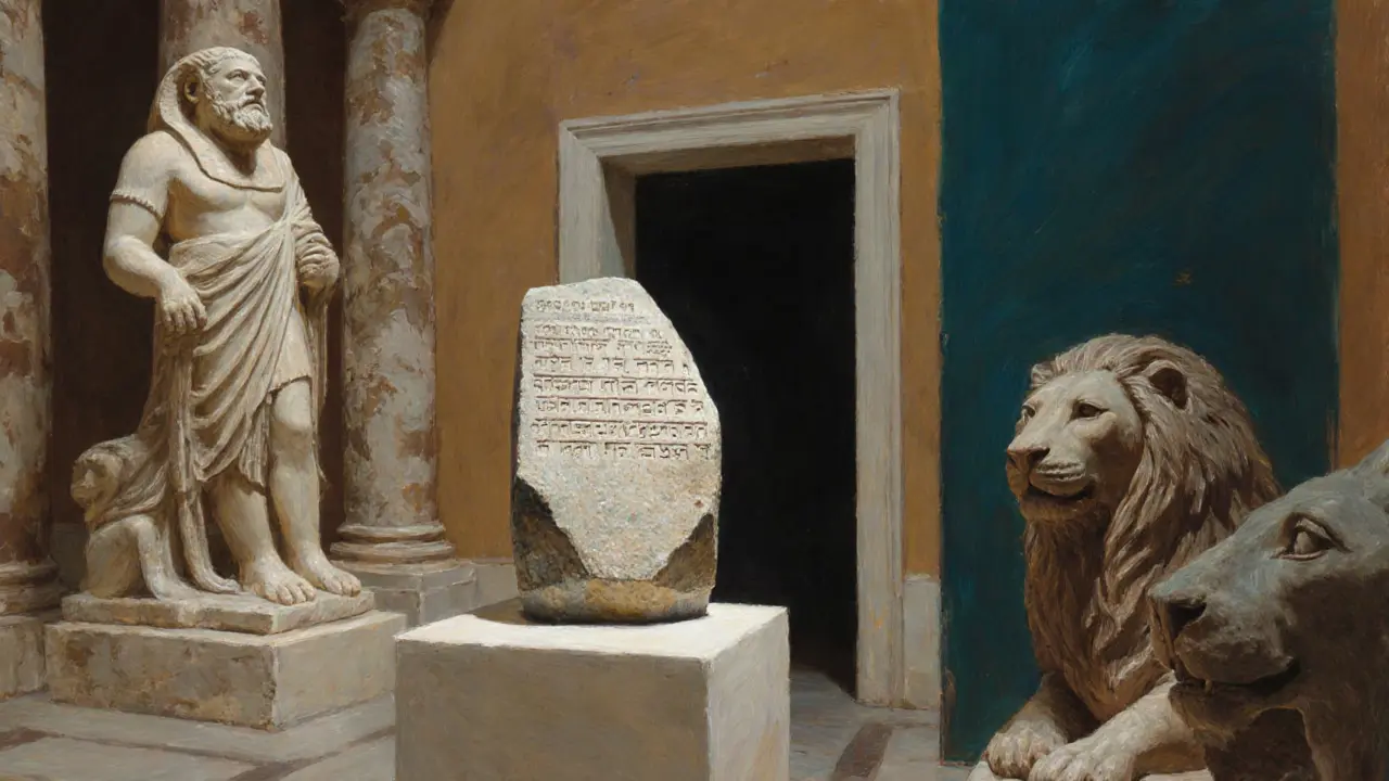 Rosetta Stone and Elgin Marbles highlighted in a dimly lit gallery with stone lions at the entrance.