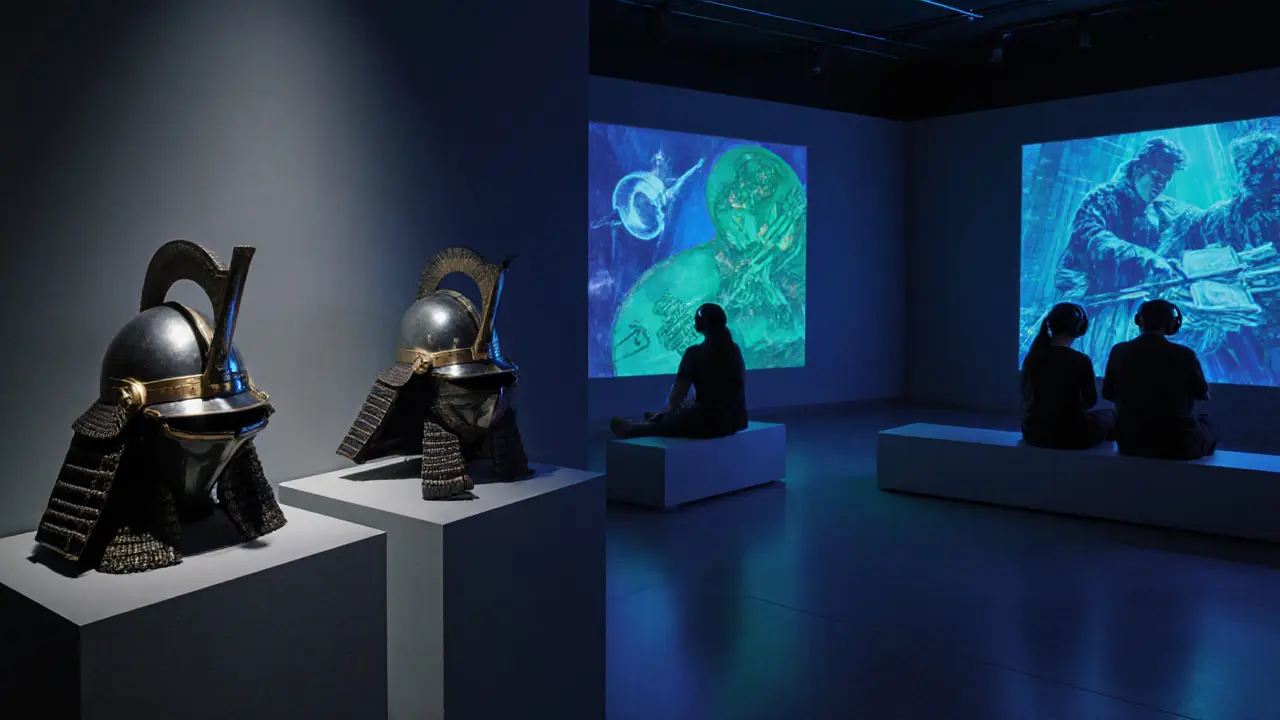 Samurai armour display glowing under spotlights with holographic sound exhibit nearby.