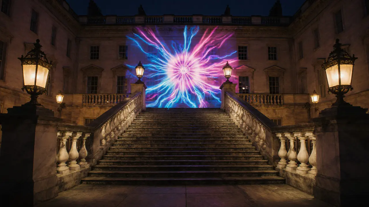 Somerset House courtyard at night with a colorful projection onto marble steps.