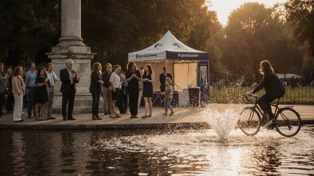 Speakers' Corner with speakers, fountain, kids, and a corporate pop‑up at sunset.