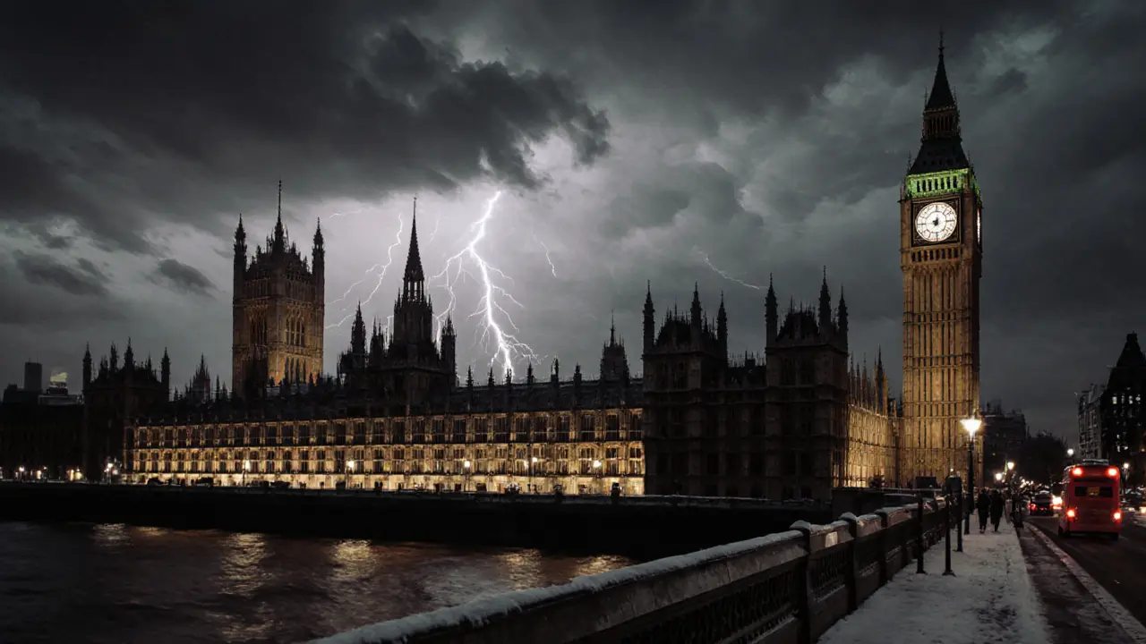 Stormy night view of Parliament with lightning behind the tower and smooth river reflections.