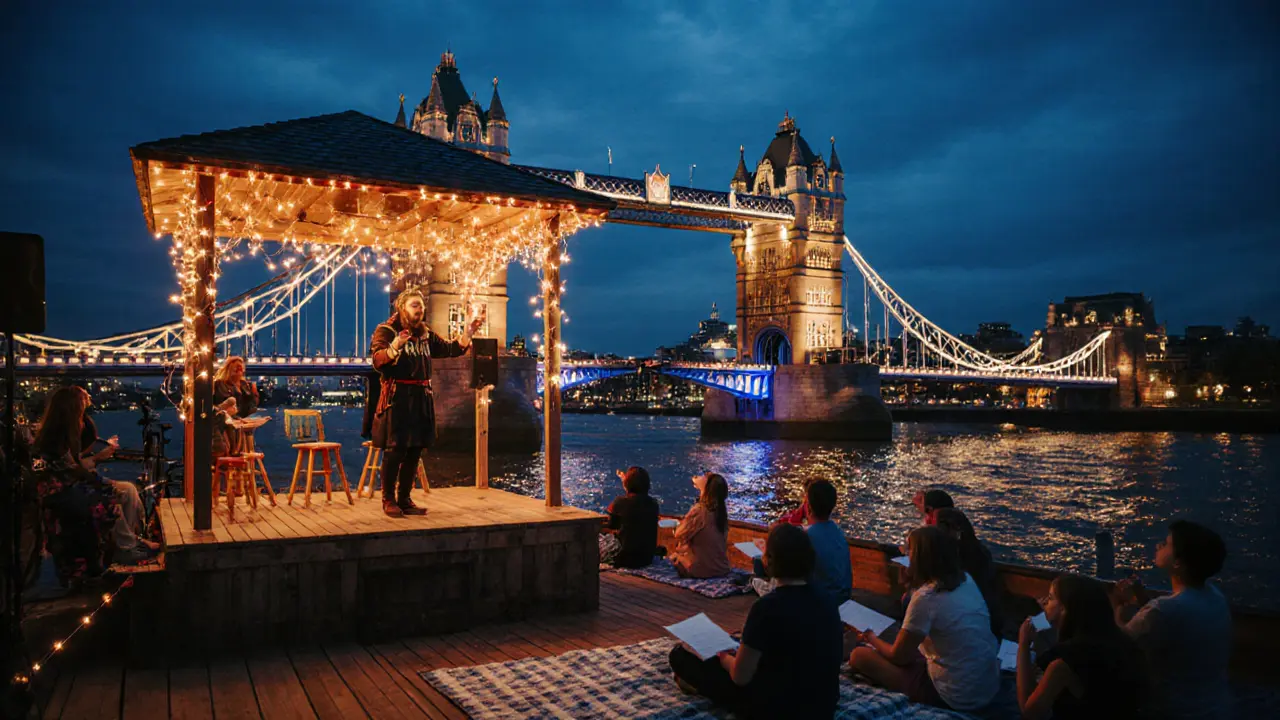 Storyteller performing on a floating Thames stage near Tower Bridge as families watch.