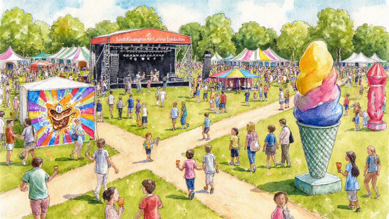 Summer Exhibition crowd enjoying art tents, sketch studio, and large sculptures in the meadow.
