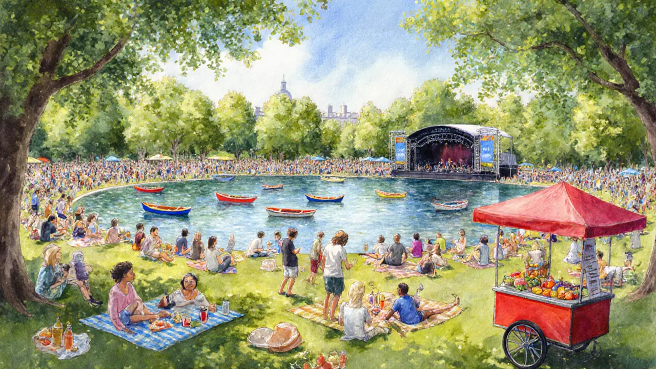 Summer Hyde Park with rowboats, picnic crowds, and a concert stage beside the lake.