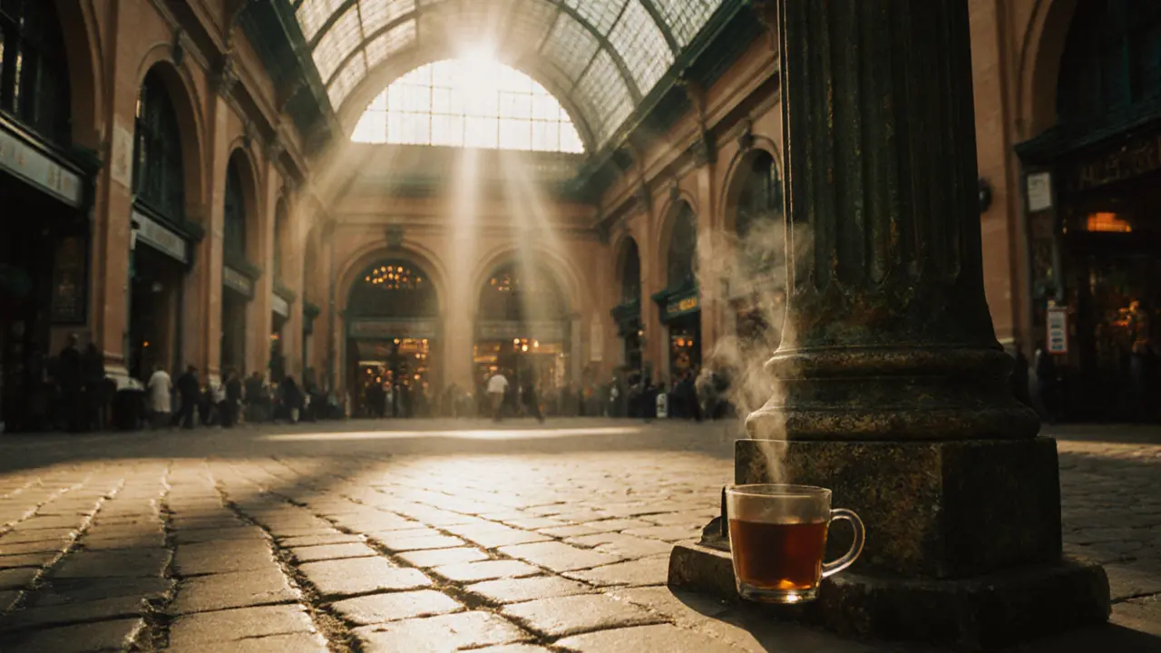 Sunlight streams through Leadenhall Market's glass roof, illuminating cobblestones and a steaming teacup beside an old column.
