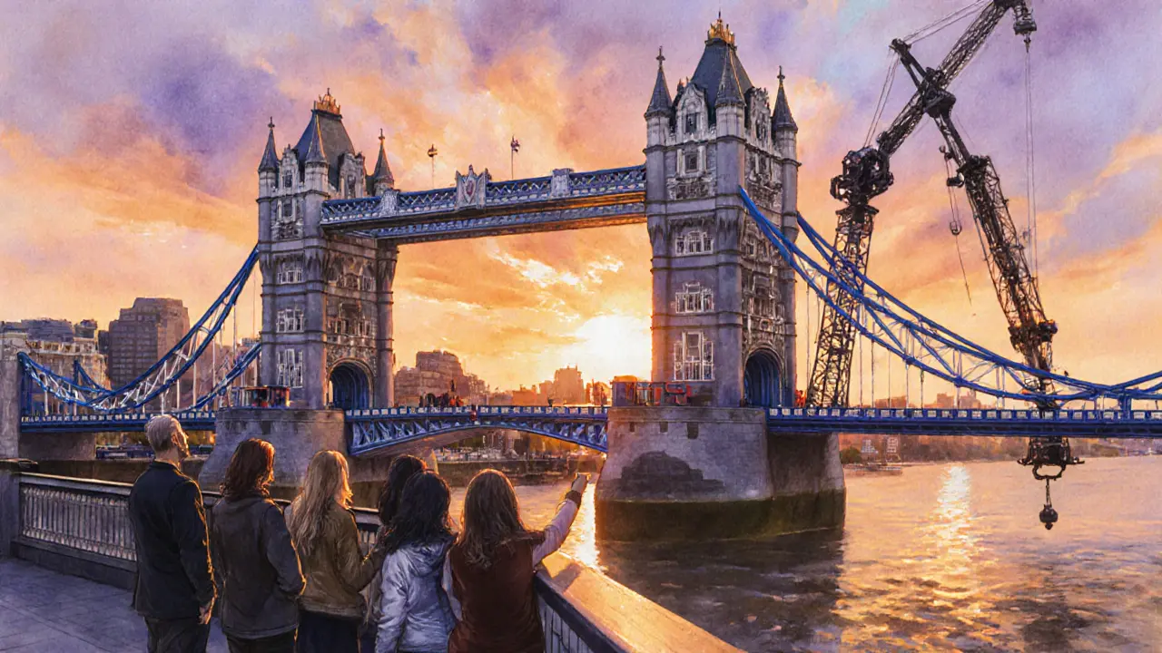 Tourists on Tower Bridge walkway watching a film crew during sunrise.