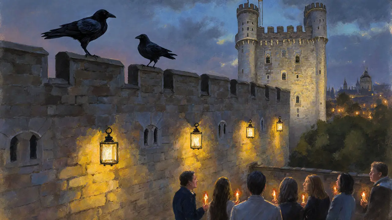 Tower of London at dusk with ravens, lantern light, and a guided tour group.