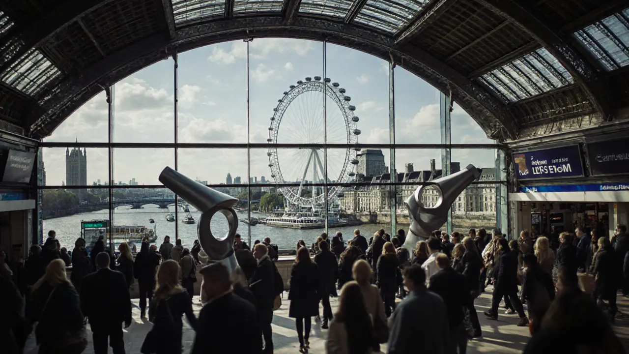 View of the London Eye through Waterloo Station glass, crowds and sculptures in foreground.