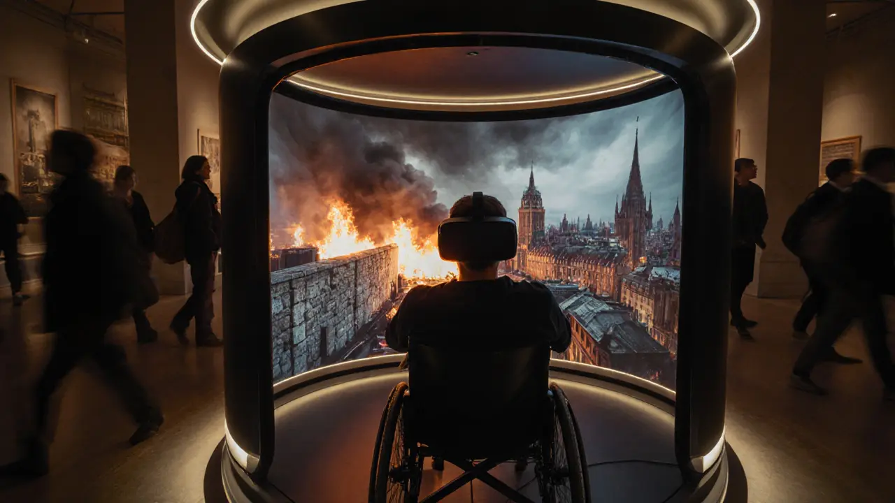 Visitor in a VR pod experiencing a vivid Great Fire of London simulation.
