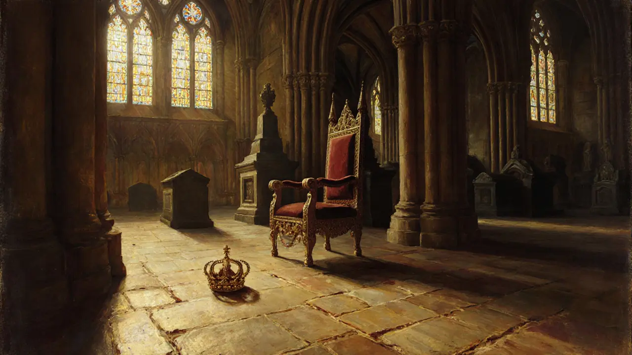 Westminster Abbey interior during a coronation, golden light through stained glass on ancient stone.