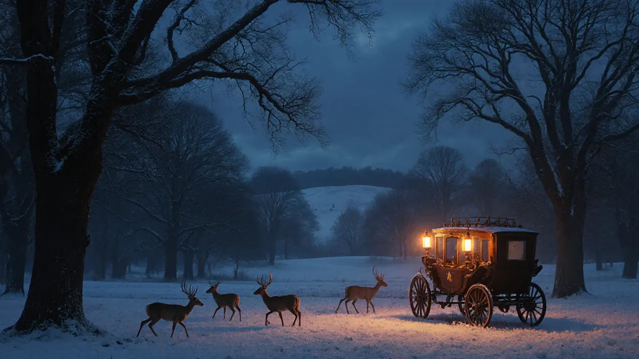 Winter Richmond Park showing misty trees, deer, and lantern‑lit carriage rides.