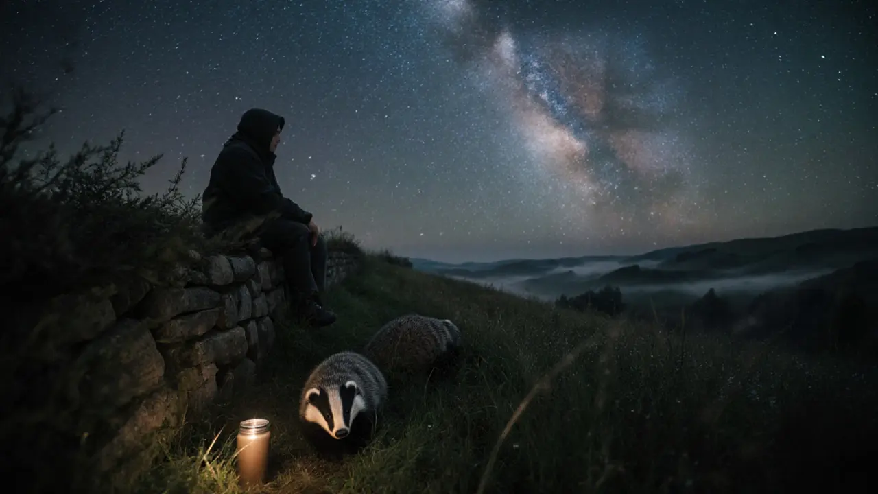 A badger emerging at night in Exmoor under a star-filled Milky Way sky.