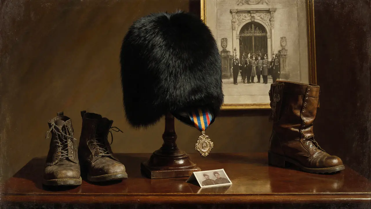 A bearskin hat and military memorabilia displayed in the Guards Museum, representing generations of service.