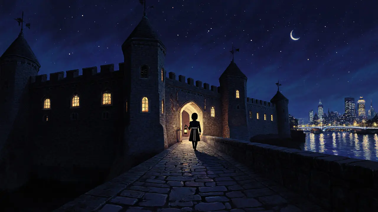 A Beefeater carrying a lantern during the nightly Ceremony of the Keys at the Tower of London at dusk.